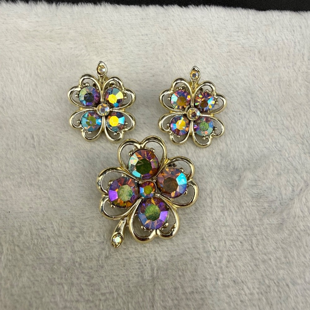 Vintage Four Leaf Clover Rhinestone Brooch Clip On‎ Earrings Set Gold Tone AB